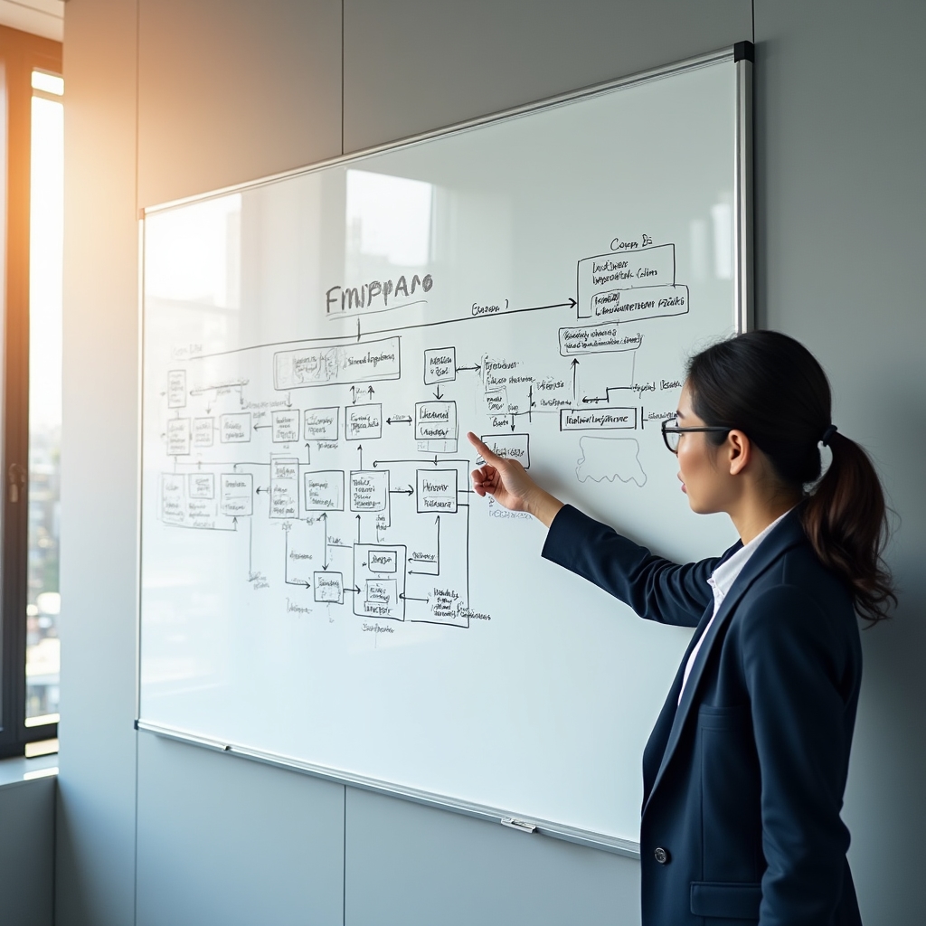 Software architecture diagram on whiteboard showing system component relationships