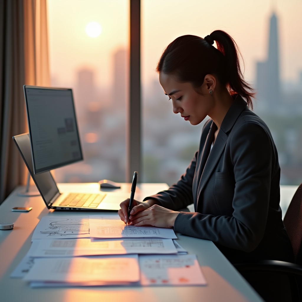 Design analyst in focused concentration reviewing software interface documentation at desk