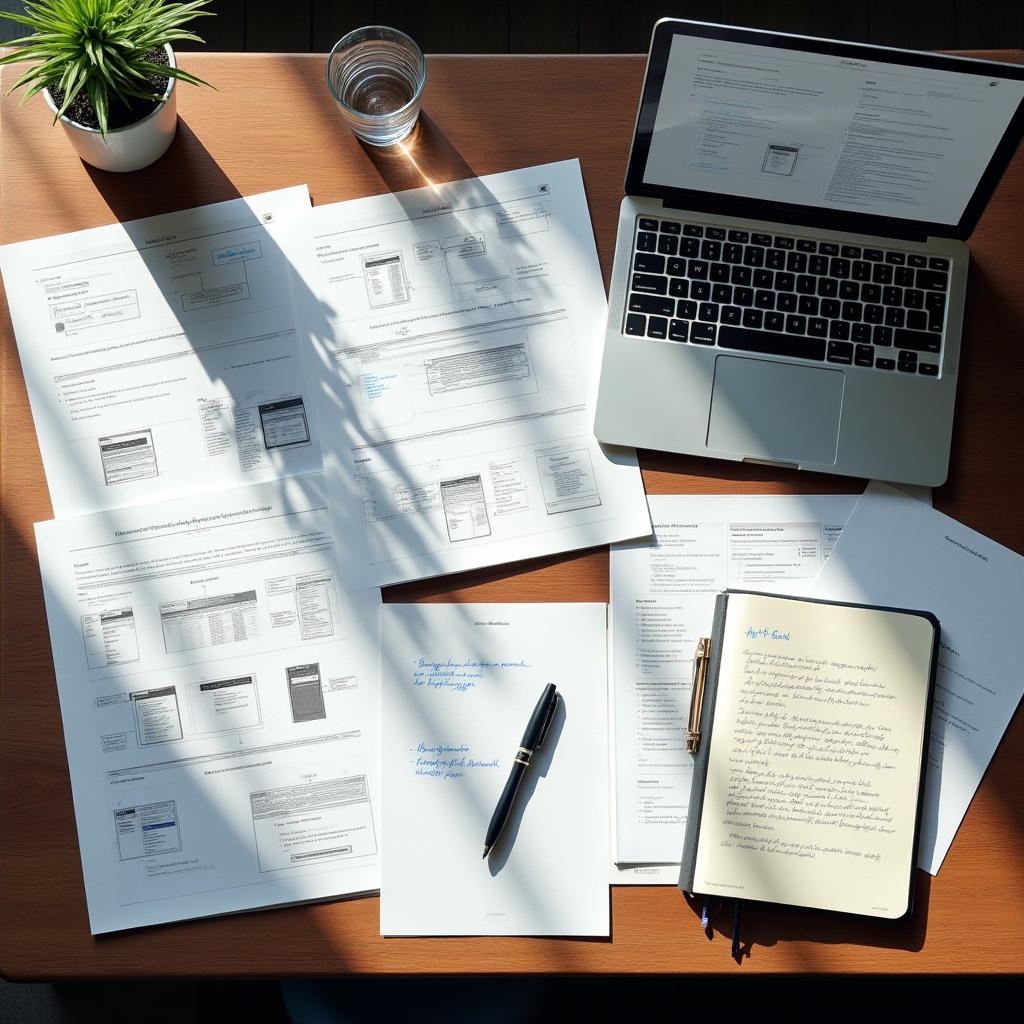Detailed design review documentation spread across a desk with annotations and diagrams