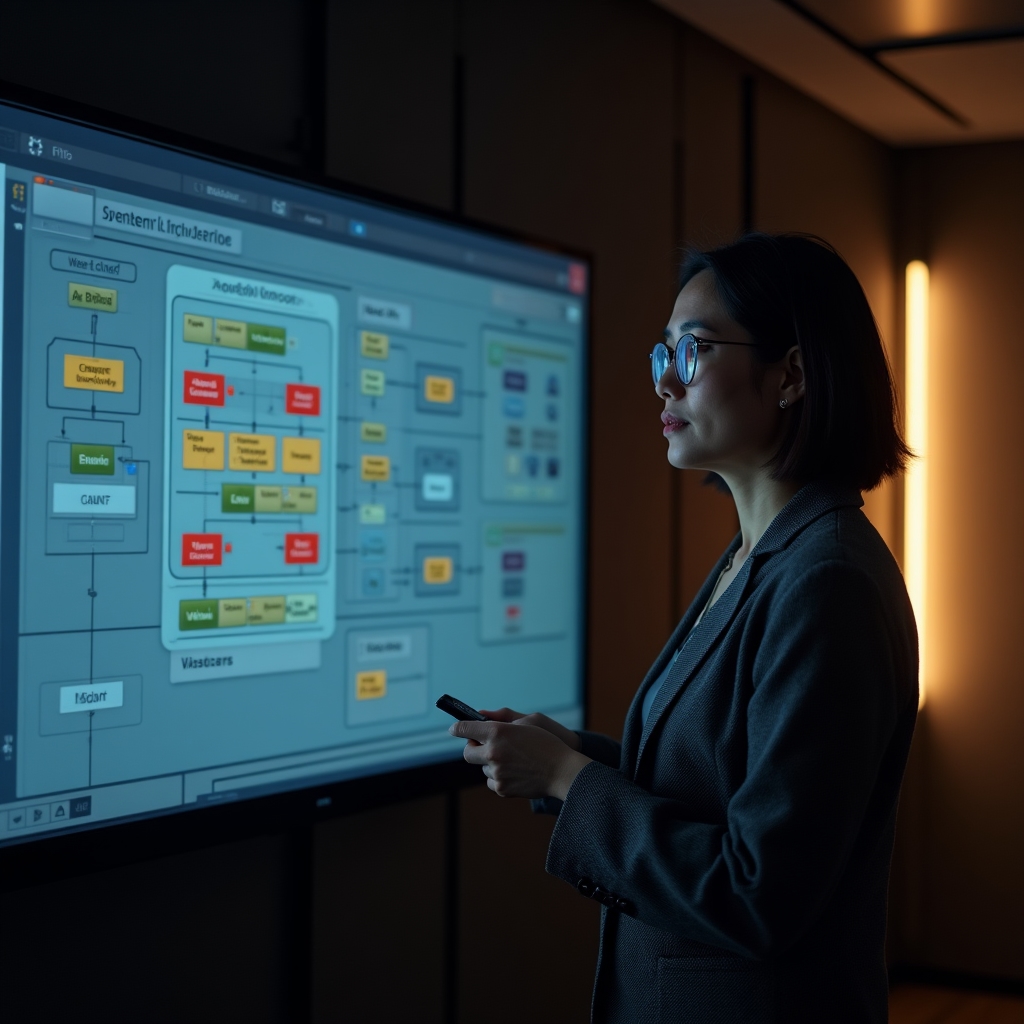 Software team analyzing complex system architecture diagram on large display screen