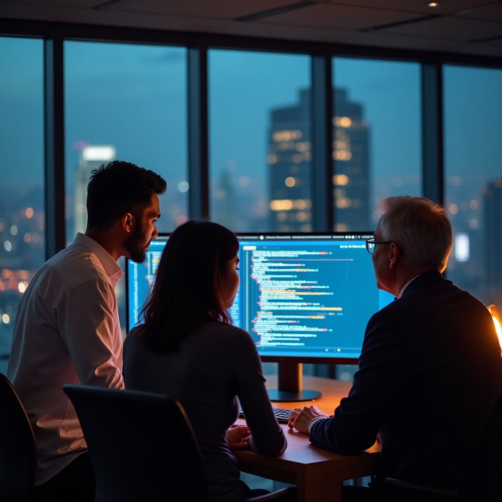Software engineering team conducting code review on large monitor in modern office