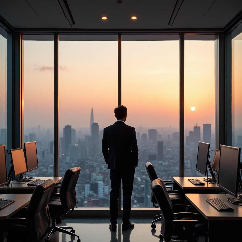 Modern high-rise office in Tokyo with panoramic city view and design workstations